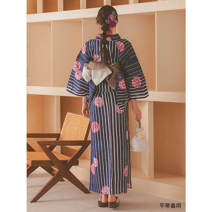 毬×ストライプ柄浴衣3点セット 平帯 下駄[品番：MFND0010870