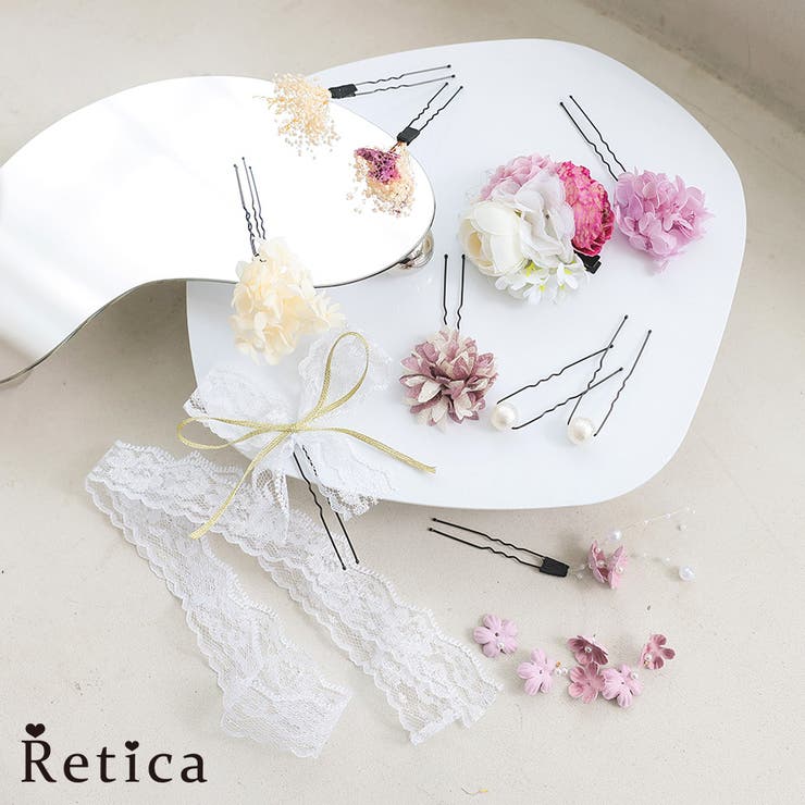 レースリボン付き枝垂れフラワー×パールヘアアクセサリー11点セット 髪飾り | Retica | 詳細画像1 