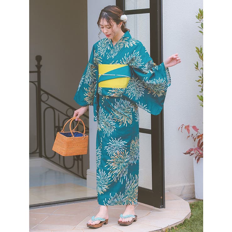 着物・浴衣 green55 青緑地×イエロー花火浴衣3点セット 平帯 下駄[品番：MFND0010864