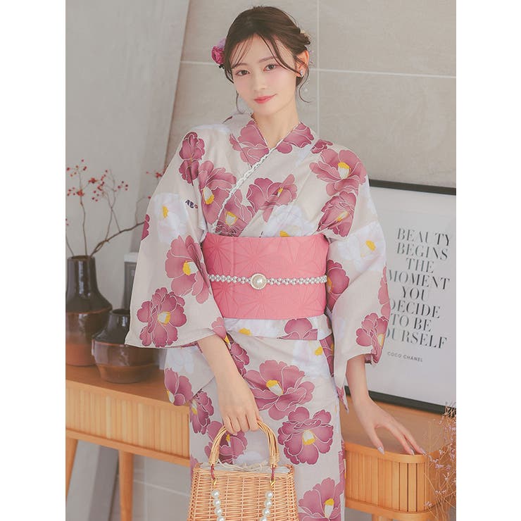 ラスト1点‼️墨絵椿浴衣✖️リバーシブル半幅帯セット 綿仕立て上がり浴衣＋半幅帯 2点セット 矢絣にレトロ椿｜浴衣