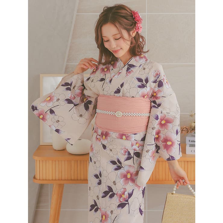 華やか椿柄浴衣3点セット ガーリー浴衣 レディース浴衣[品番