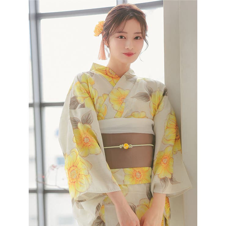 ベージュ地×水彩ポピー柄浴衣3点セット レディース浴衣 ガーリー