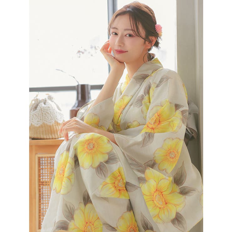 ベージュ地×水彩ポピー ゆかた　浴衣 帯 帯紐 髪飾り バッグ　5点セット ベージュ地×水彩ポピー柄浴衣3点セット レディース浴衣 ガーリー