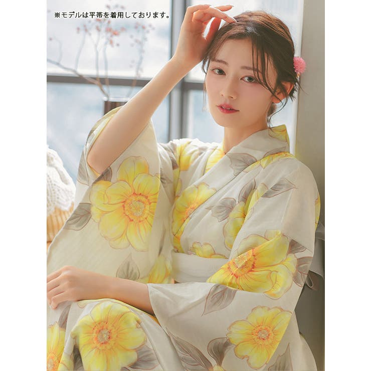 ベージュ地×水彩ポピー柄浴衣3点セット レディース浴衣 ガーリー