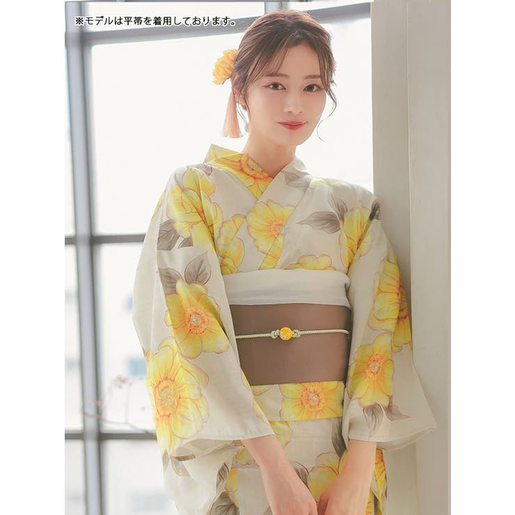ベージュ地×水彩ポピー柄浴衣3点セット レディース浴衣 ガーリー