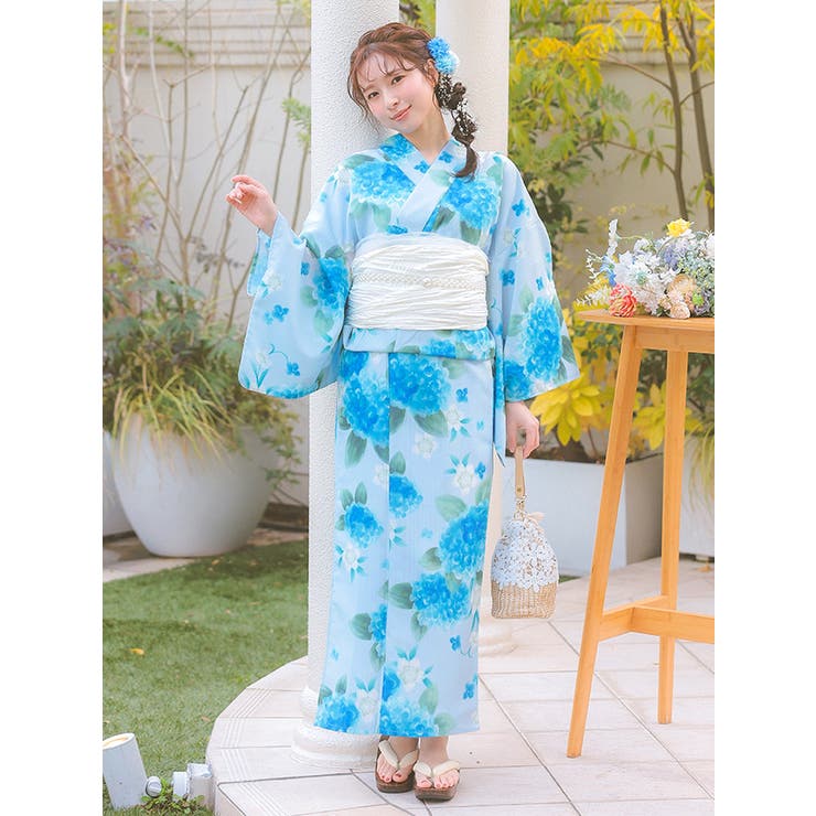 浴衣単品 浴衣ジェンヌ ライトブルー 水彩画調 紫陽花 ポリエステル 浴衣ジェンヌ 浴衣 単品 ゆかた レディース浴衣 白地 青 紺
