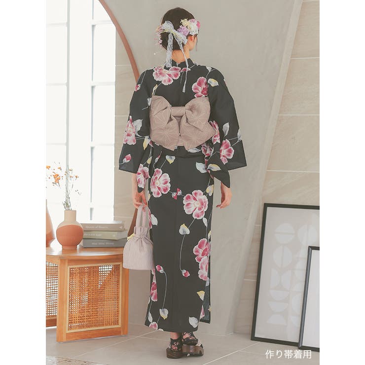 水彩石楠花×黒地セパレート浴衣3点セット 羽織 スカート[品番