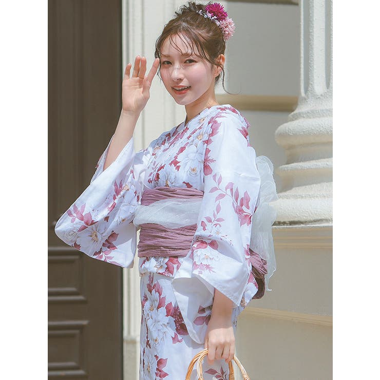 くすみピンク×大輪牡丹柄浴衣3点セット 兵児帯 下駄[品番