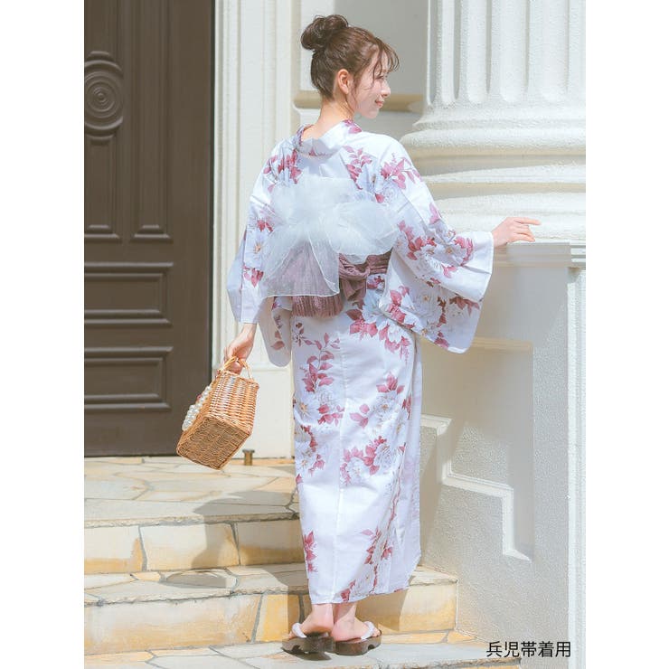 くすみピンク×大輪牡丹柄浴衣3点セット 兵児帯 下駄[品番