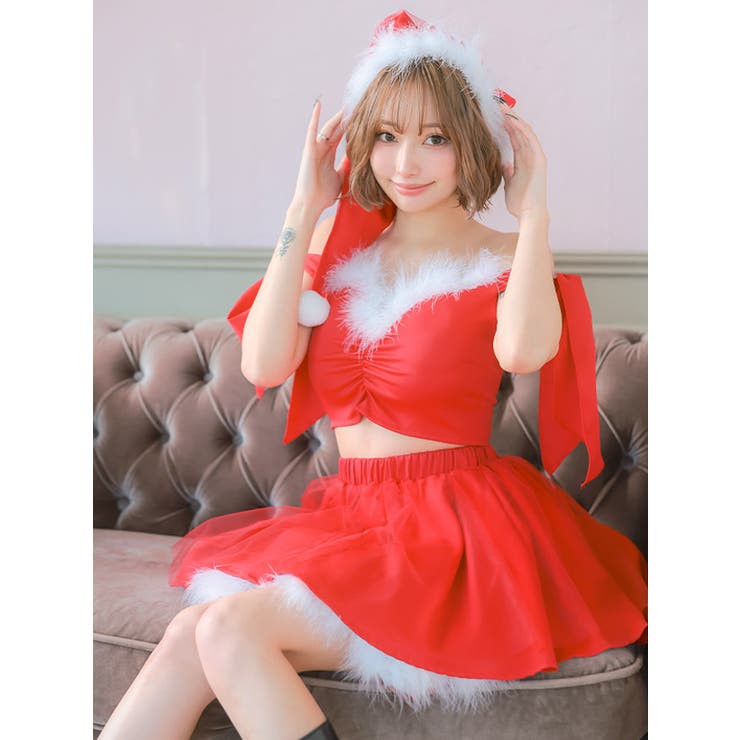 フェザーオフショルリボン×シフォンスカートサンタコスチューム