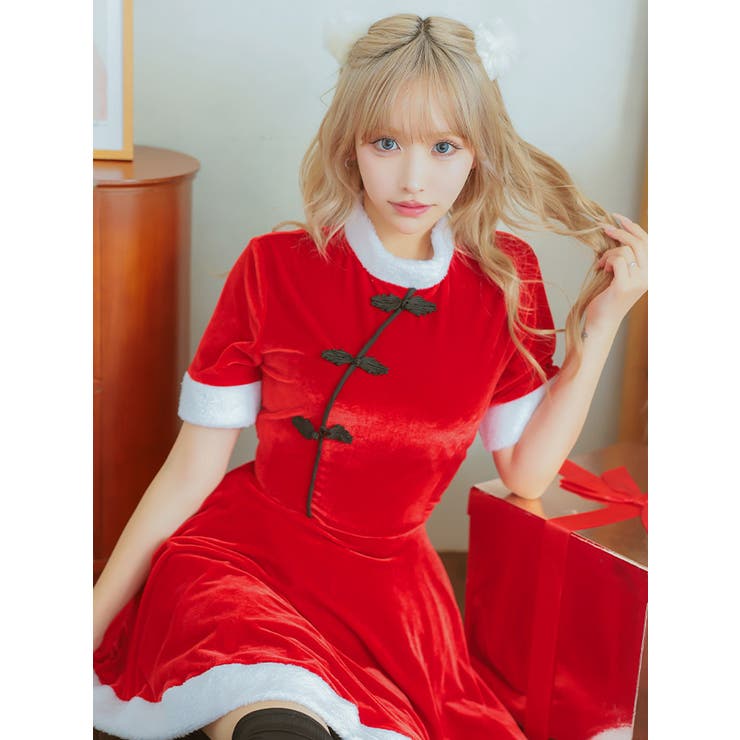 チャイナボタン×ふわふわファーのサンタ風ワンピース2点セット サンタコスプレ | my minette | 詳細画像3 