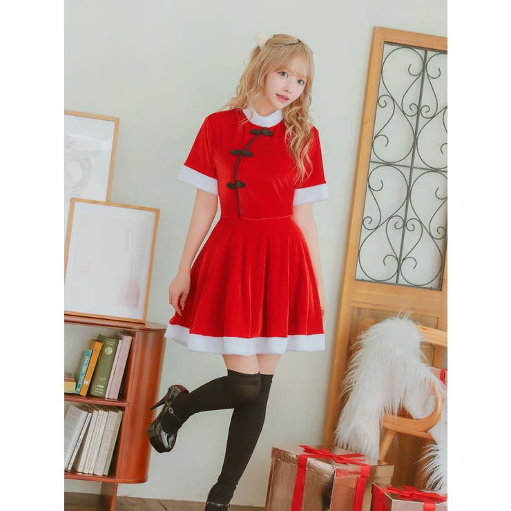 チャイナボタン×ふわふわファーのサンタ風ワンピース2点セット サンタコスプレ | my minette | 詳細画像4 