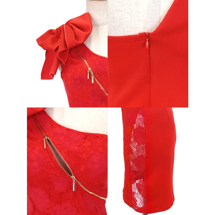 リボンワンショルダーフロントジップタイトミニドレス クリスマスドレス 袖なし | my minette | 詳細画像8 