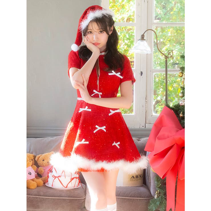 ツイード調スパンコールサンタワンピース 帽子付き2点セット ガーリーサンタ | my minette | 詳細画像2 