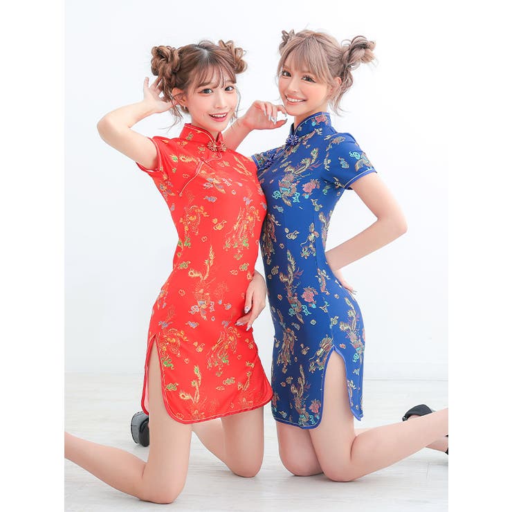 【Minimanu】チャイナ服 Qoo10] ミニチャイナ＿龍凰／青＿L[チャイナ服