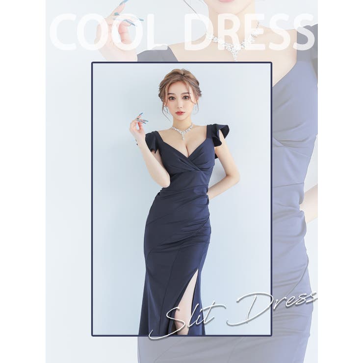クロスデザインVネックハイウエストロングドレス スリット キャバ  
