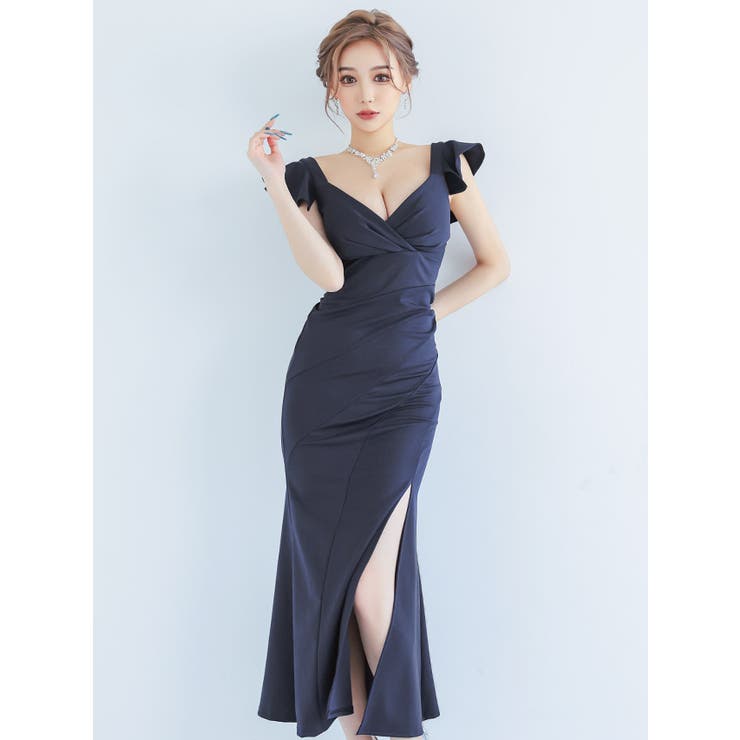 クロスデザインVネックハイウエストロングドレス スリット