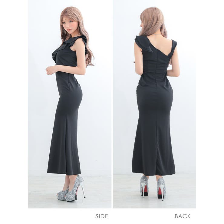 フリルオフショルサイドカットアウトロングドレス セクシー