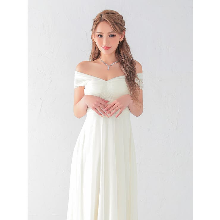 バックリボンシフォンオフショルフレアロングドレス セクシードレス エレガント | my minette | 詳細画像3 