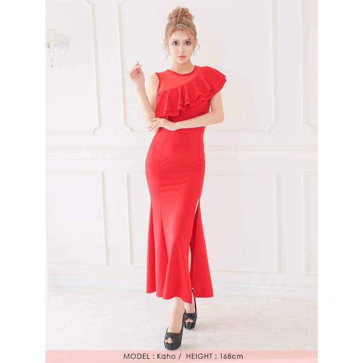 フリルワンショルダー風タイトロングドレス セクシードレス 袖なし | my minette | 詳細画像4 