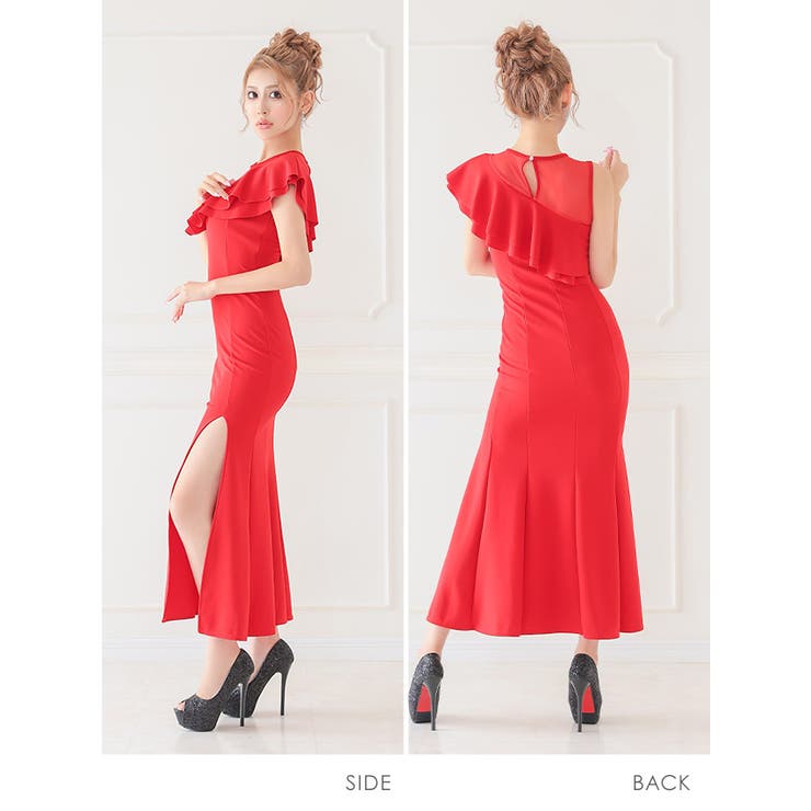 フリルワンショルダー風タイトロングドレス セクシードレス 袖なし | my minette | 詳細画像5 