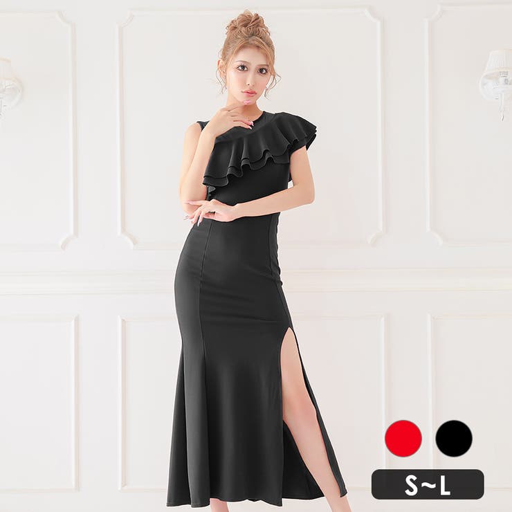 ブラック | フリルワンショルダー風タイトロングドレス セクシードレス 袖なし | my minette