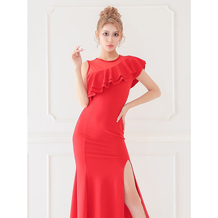 フリルワンショルダー風タイトロングドレス セクシードレス 袖なし | my minette | 詳細画像3 