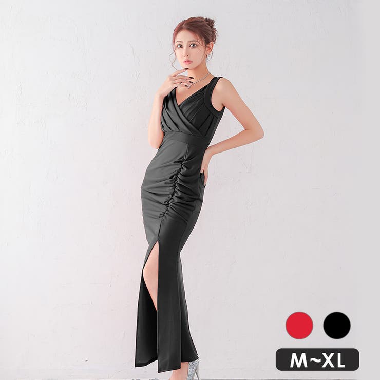 ブラック | myMinette カシュクールギャザーセクシータイトロングドレス マキシ丈 | my minette