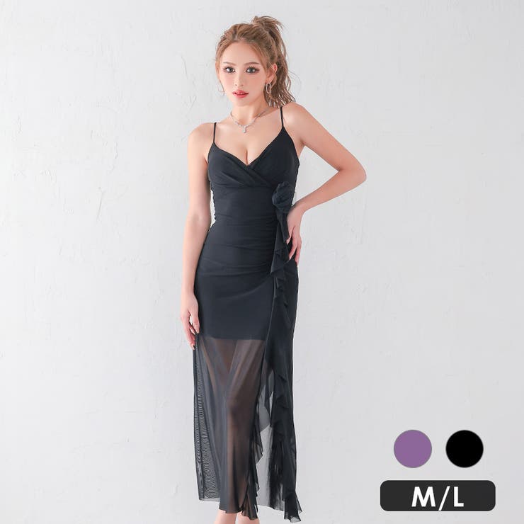 ブラック | myMinette 薔薇コサージュ付きシアーレイヤードセクシータイトロングドレス… | my minette