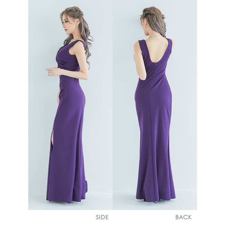 袖なしベアトップセクシースリットタイトドレス 紫 パープル無地 - ドレス