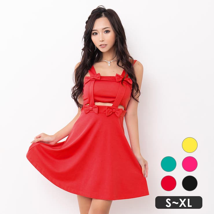 レッド | リボンデザイン×ウエストカットAラインフレアミニドレス ガーリードレス 袖なし | my minette