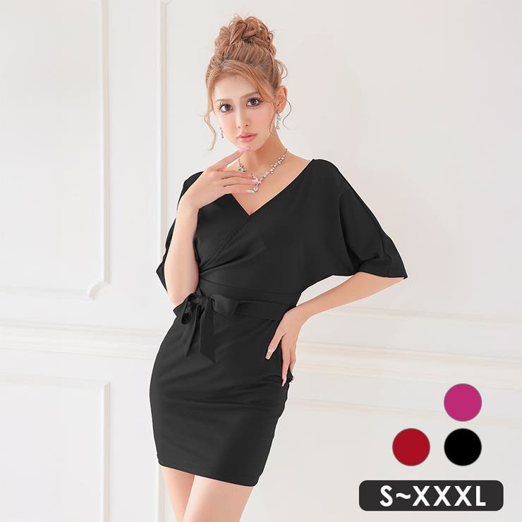 ブラック | ドルマンスリーブ×ウエストマークリボンタイトミニドレス セクシードレス 袖あり | my minette