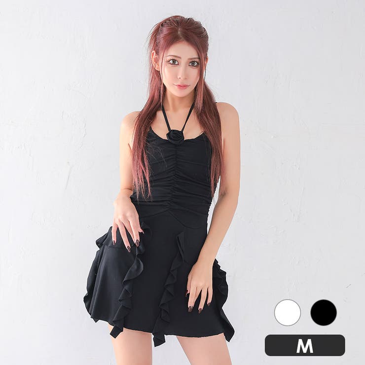 ブラック | ローズコサージュ×肩魅せフリルタイトミニドレス ガーリードレス セクシー | my minette