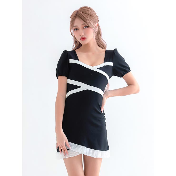 クロスラップ風デザインバイカラーモノトーンミニドレス セクシードレス 袖あり | my minette | 詳細画像2 