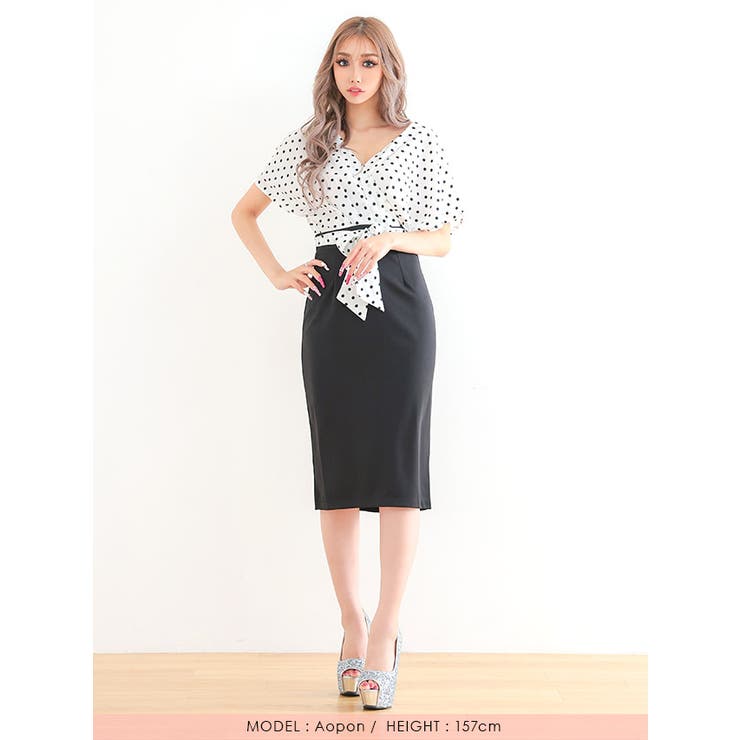 ドットカシュクールトップモノトーンタイトミディアムドレス ガーリードレス 袖あり | my minette | 詳細画像4 