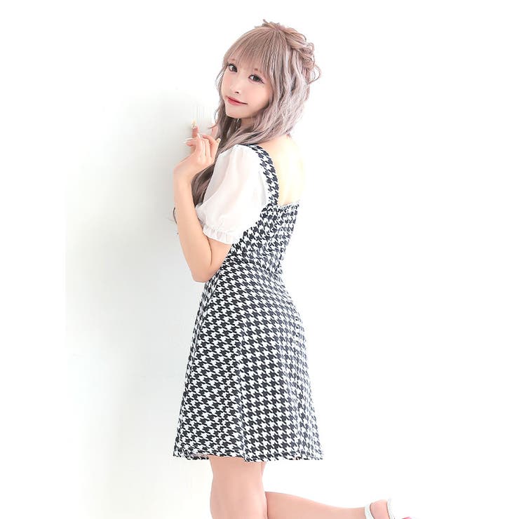 千鳥格子柄カットアウトAラインフレアミニドレス ガーリードレス 袖あり | my minette | 詳細画像4 