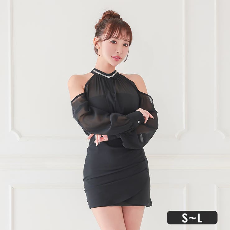 ハイネック×オープンショルダーシアータイトミニドレス セクシードレス 袖あり | my minette | 詳細画像1 
