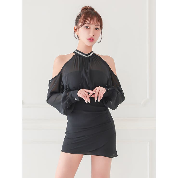 ハイネック×オープンショルダーシアータイトミニドレス セクシードレス 袖あり | my minette | 詳細画像2 