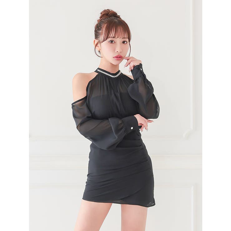 ハイネック×オープンショルダーシアータイトミニドレス セクシードレス 袖あり | my minette | 詳細画像3 