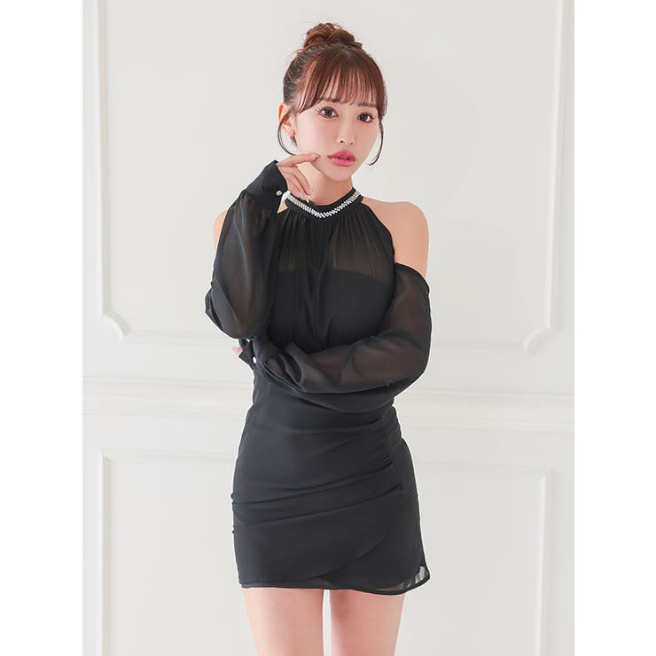 ハイネック×オープンショルダーシアータイトミニドレス セクシードレス 袖あり | my minette | 詳細画像4 