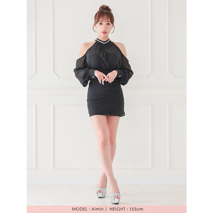 ハイネック×オープンショルダーシアータイトミニドレス セクシードレス 袖あり | my minette | 詳細画像5 