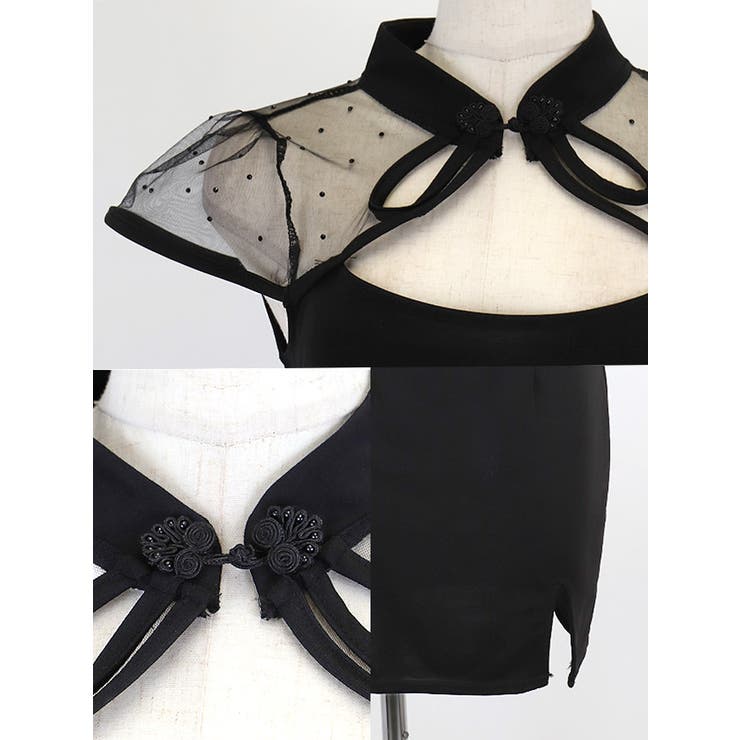 ドットチュール×チャイナボタンデザインタイトミニドレス セクシードレス 袖あり | my minette | 詳細画像8 