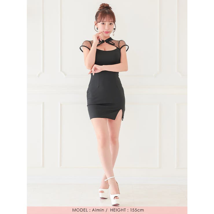 ドットチュール×チャイナボタンデザインタイトミニドレス セクシードレス 袖あり | my minette | 詳細画像5 