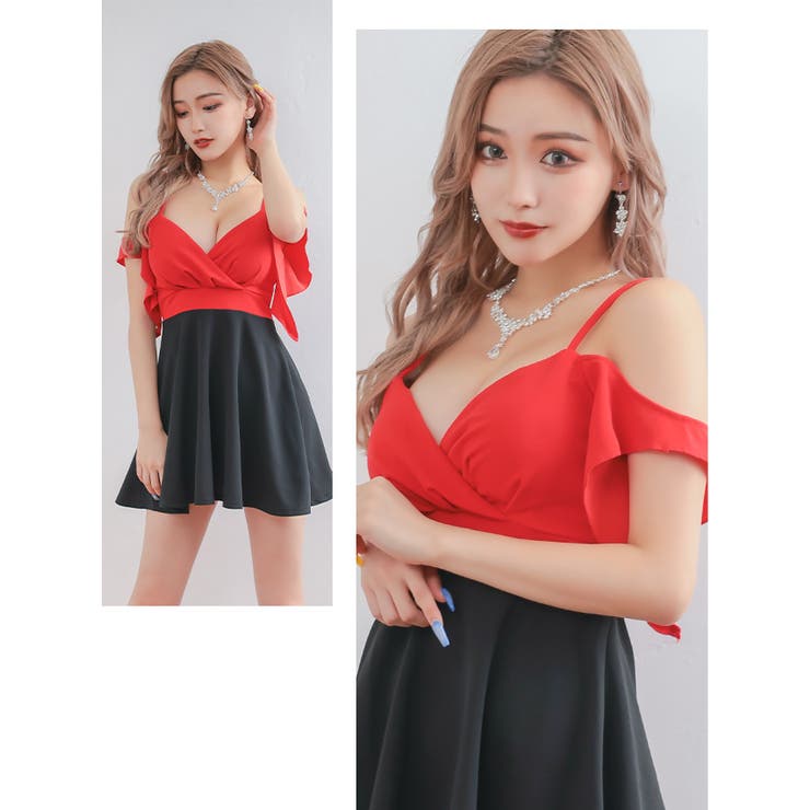 オープンショルダーAラインフレアミニドレス エロかわドレス キャバ