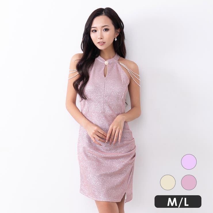 ダスティピンク | 総ラメ×ショルダーパールラインギャザータイトミニドレス エレガントドレス セクシ… | my minette