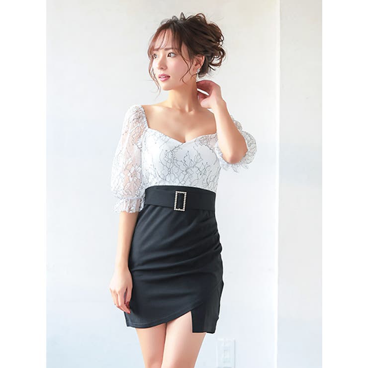 トップフラワーレースラップスカート風ウエストマークミニドレス