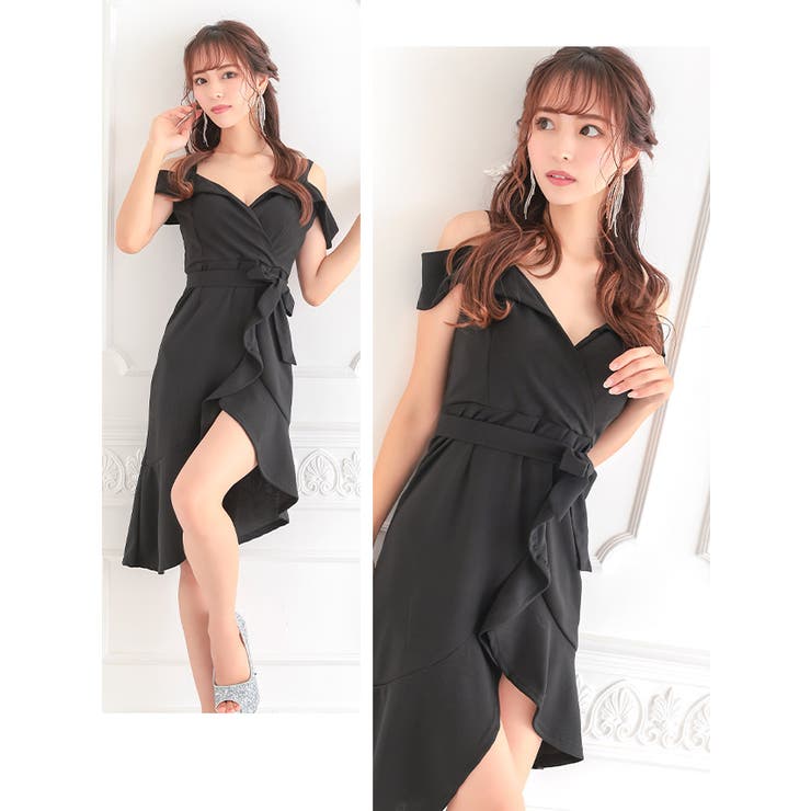 チューリップシルエット前ミニフリルオープンショルダーミニドレス 肩出しドレス キ… | my minette | 詳細画像2 