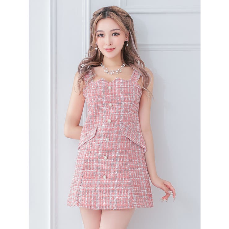 【パステルピンク❤️フローラルドレス】新作インポート✨春らしいレースミニワンピ♡ ツイード×フェイクパールボタン台形シルエットミニドレス