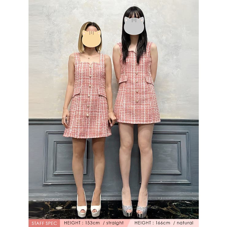 ツイード×フェイクパールボタン台形シルエットミニドレス ガーリー