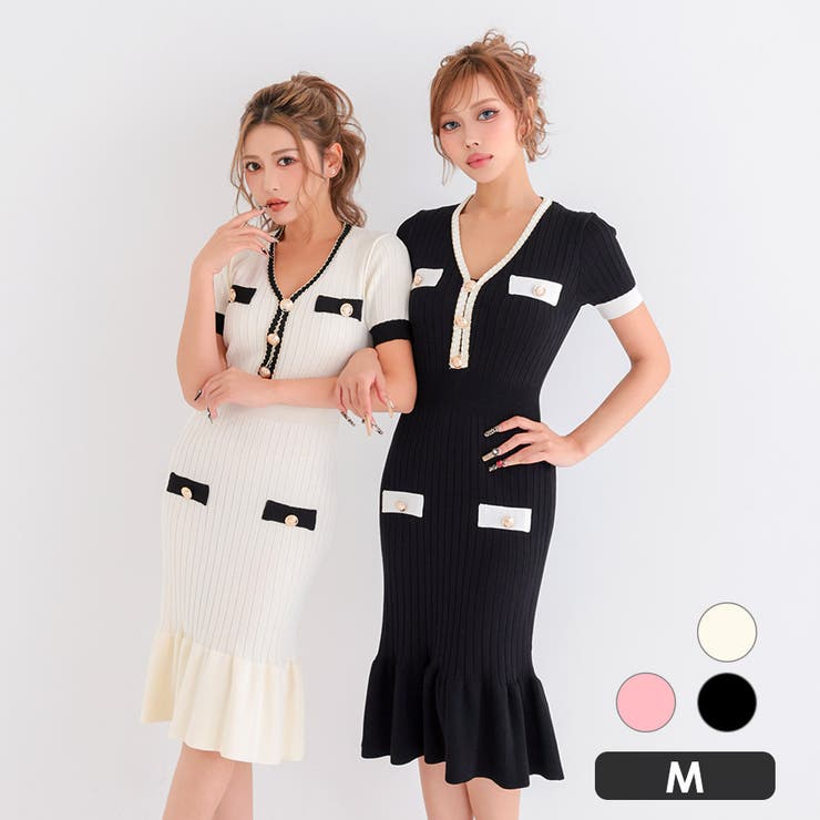 モノトーンリブニット裾フリルタイトミディアムドレス エレガントドレス 袖あり | my minette | 詳細画像1 